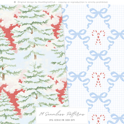 Merry Christmas - Seamless Patterns Set 2, Grandmillennial Holiday, Stripes, Plaid | 14 JPEG