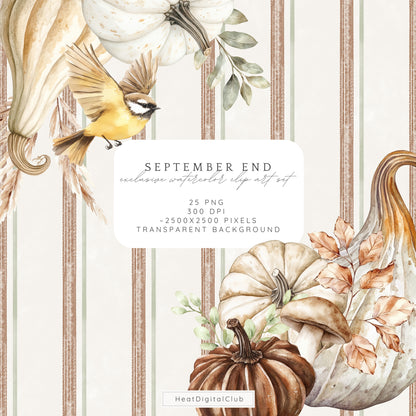 September End - Floral Arrangements Clipart, Dahlias, Sage, Pumpkins | 25 PNG