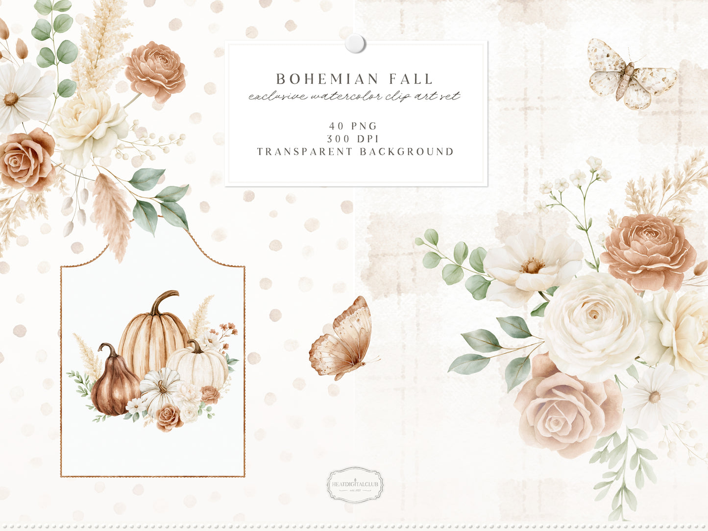 Bohemian Fall -Floral Arrangements Clipart, Autumn Botanical Elements, Cream Rose, Boho Fall Frames | 40 PNG