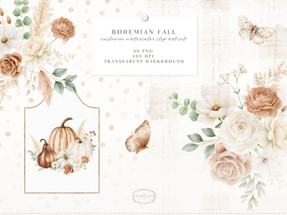 Bohemian Fall -Floral Arrangements Clipart, Autumn Botanical Elements, Cream Rose, Boho Fall Frames | 40 PNG