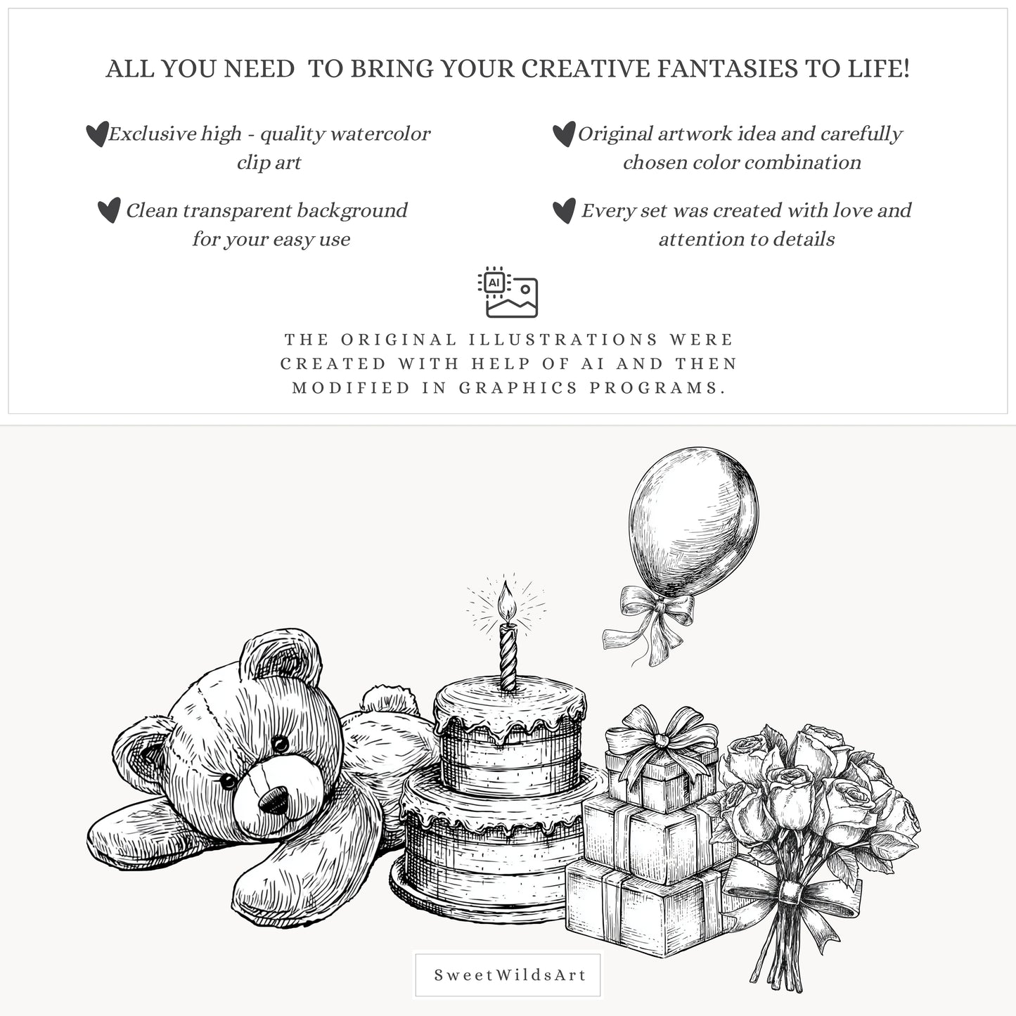 Drawing Party - Line Art Clipart, Birthday Animals, Black and White Teddy Bear | 35 PNG