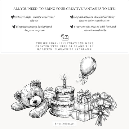 Drawing Party - Line Art Clipart, Birthday Animals, Black and White Teddy Bear | 35 PNG