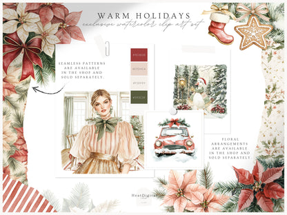 Warm Holidays - Watercolor Clipart Set, Cozy Winter, Christmas, Cottagecore | 60 PNG