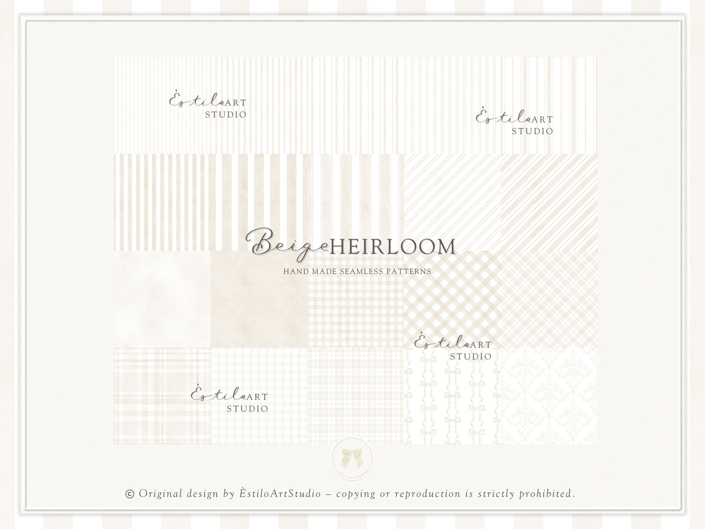 Beige Heirloom - Seamless Patterns, Classic Stripe Gingham Damask Bows, Elegant Neutral Digital Paper | 20 JPEG