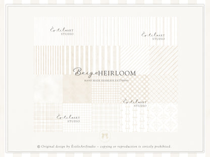 Beige Heirloom - Seamless Patterns, Classic Stripe Gingham Damask Bows, Elegant Neutral Digital Paper | 20 JPEG