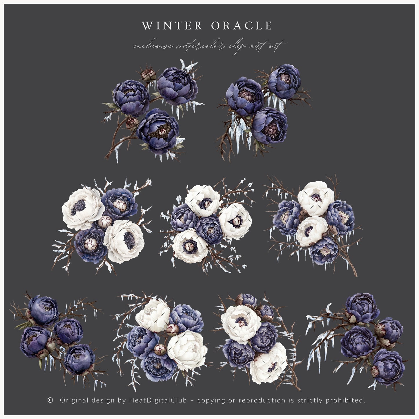 Winter Oracle - Floral Arrangements, Navy Violet Peonies, Enchanted Christmas | 20 PNG