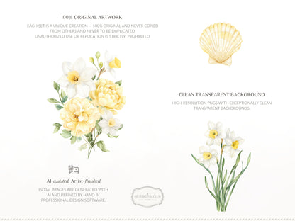 Summer Aperitivo - Floral Arrangements Clipart, Italian Citrus Flowers, Narcissus Bouquet, Yellow Botanical | 20 PNG