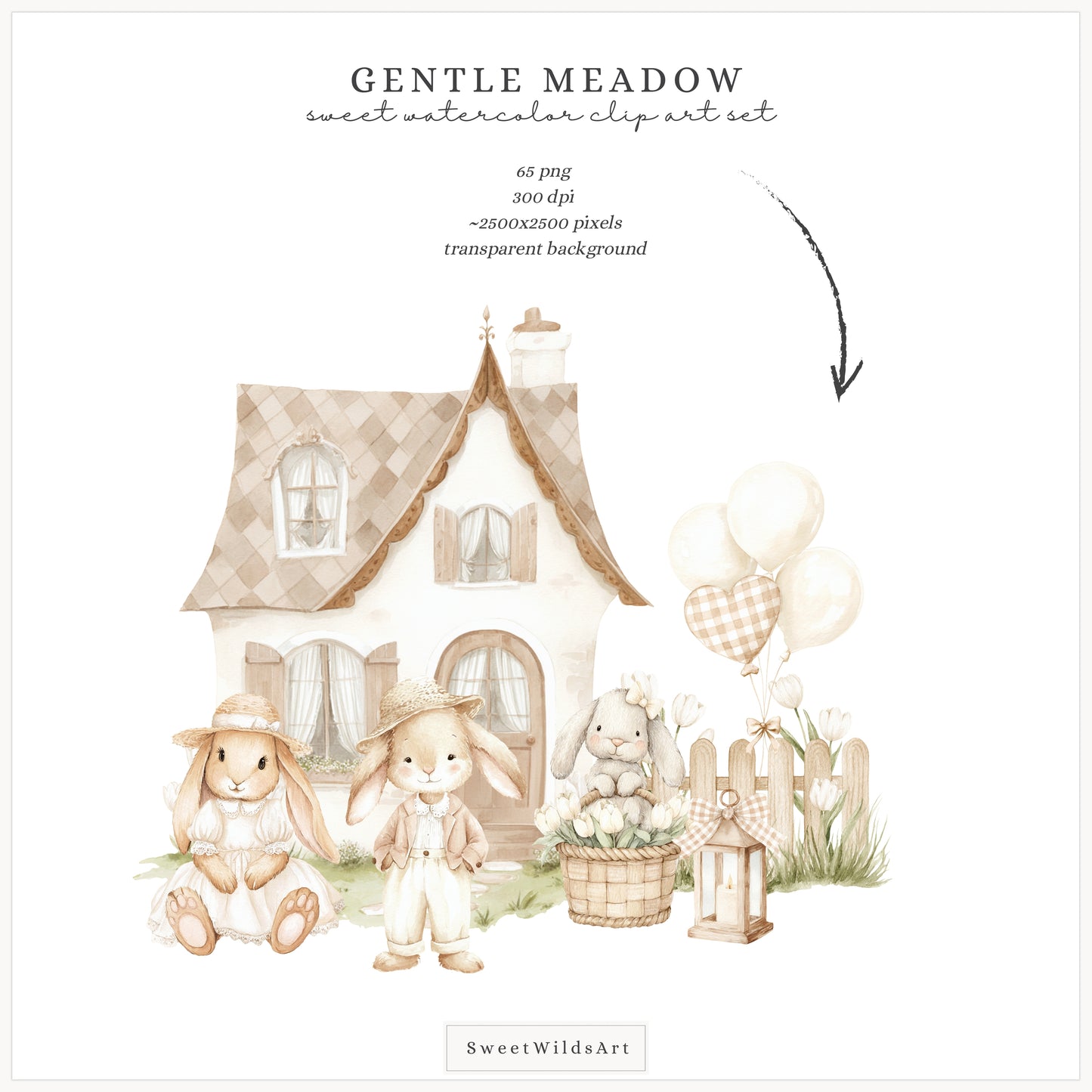Gentle Meadow - Bunny Clipart, Cute Easter Rabbits, Neutral Cottagecore, Baby Shower, Nursery | 65 PNG