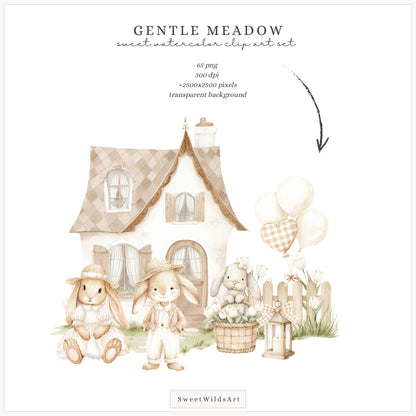 Gentle Meadow - Bunny Clipart, Cute Easter Rabbits, Neutral Cottagecore, Baby Shower, Nursery | 65 PNG