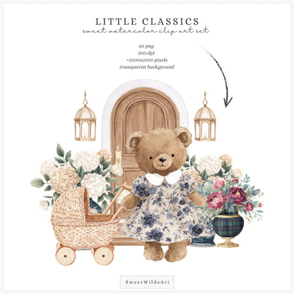 Little Classics - Watercolor Teddy Bears Clipart, Kids Nursery, Grandmillennial | 60 PNG