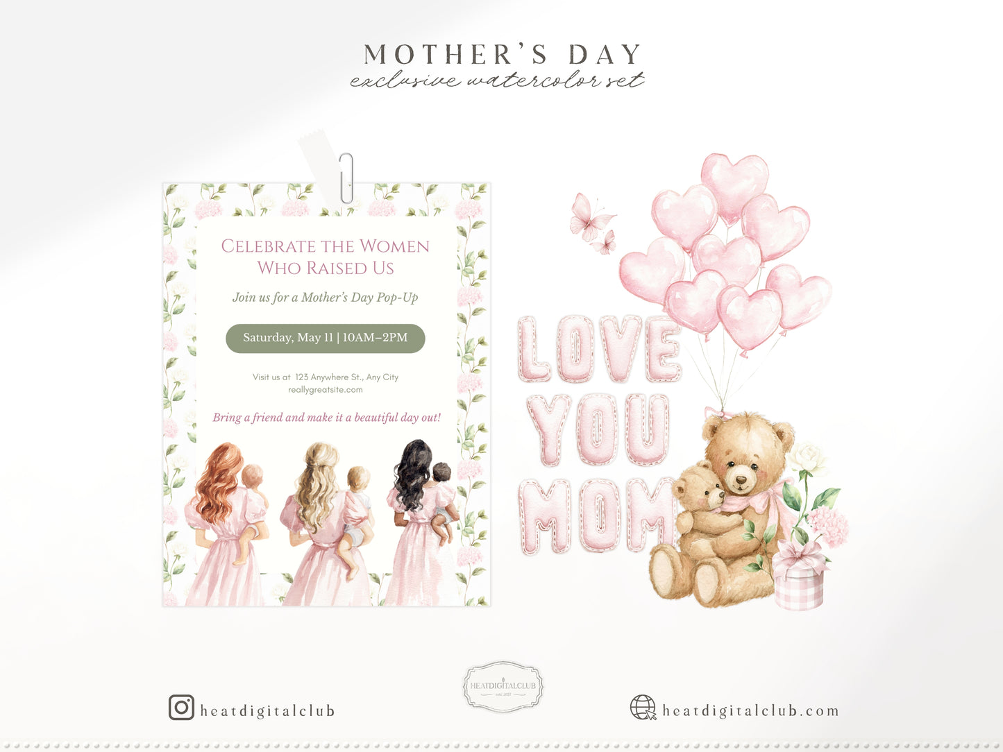 Mother's Day - Clipart, Mom & Baby, Animals, Soft Pink, Love you Mom, Feminine | 75 PNG/JPEG
