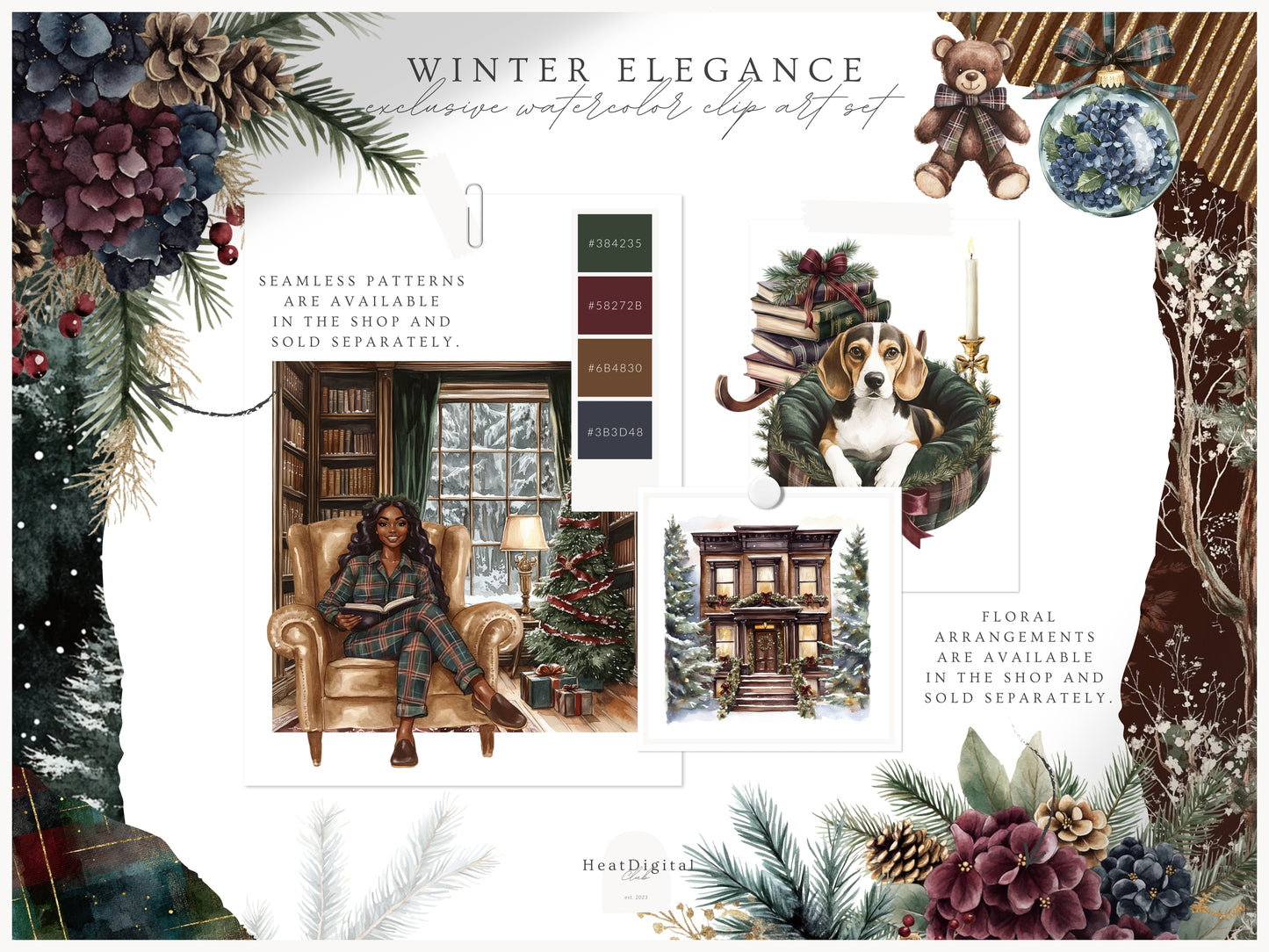 Winter Elegance - Watercolor Clipart, Aristocratic Christmas, Tartan Holiday | 60 PNG