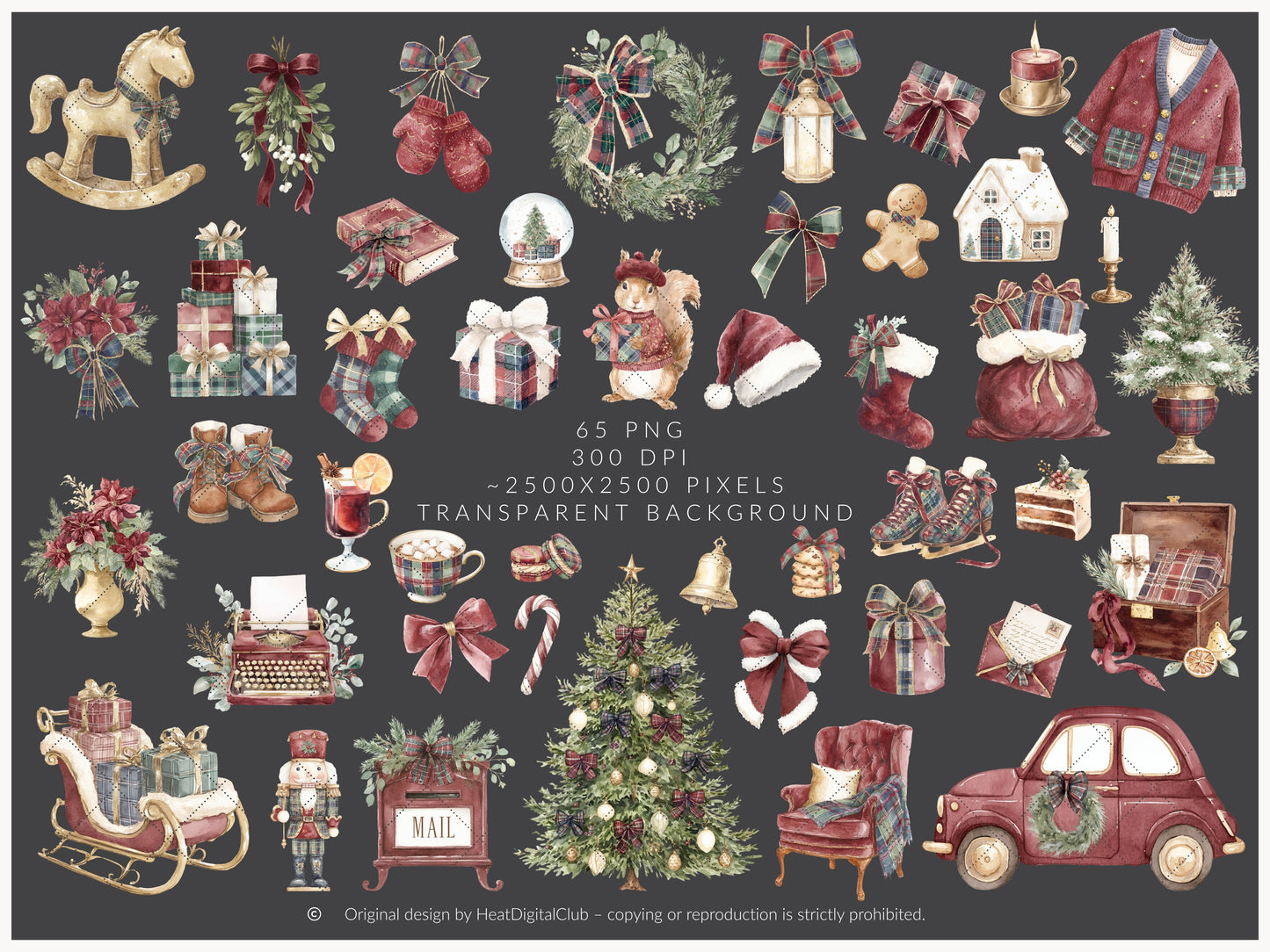 Velvet Noël - Clipart, Cozy Winter Holiday, Christmas, Grandmillennial Cottagecore | 65 PNG