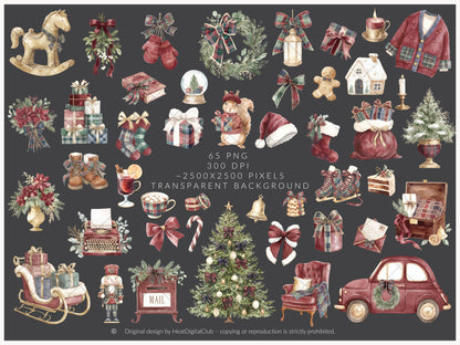 Velvet Noël - Clipart, Cozy Winter Holiday, Christmas, Grandmillennial Cottagecore | 65 PNG