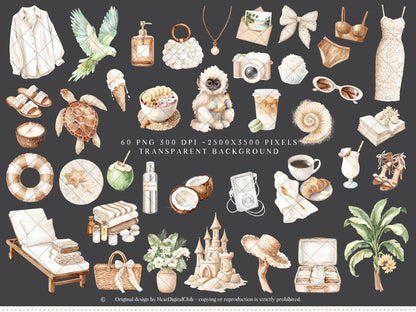 Coconut Dune - Tropical Summer Clipart, Beach Aesthetic, Neutral Coastal Elements, Resort Vacation | 60 PNG