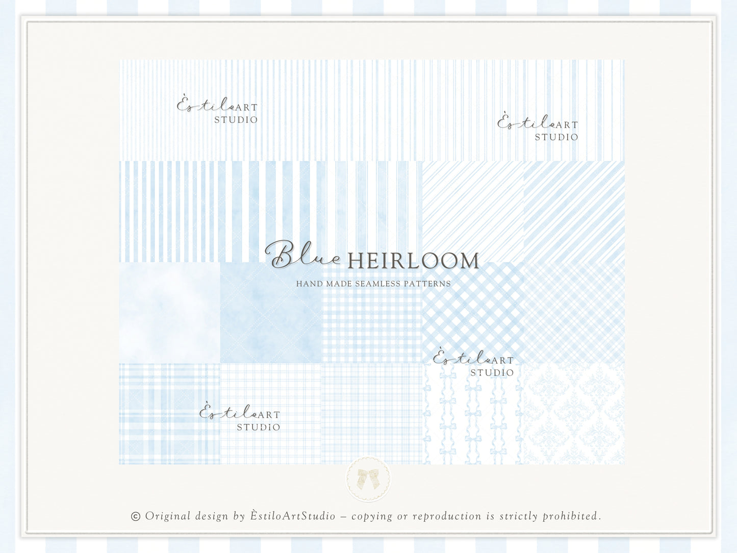 Blue Heirloom - Seamless Patterns, Classic Stripe Gingham Damask Bows, Elegant Digital Paper | 20 JPEG