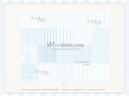 Blue Heirloom - Seamless Patterns, Classic Stripe Gingham Damask Bows, Elegant Digital Paper | 20 JPEG