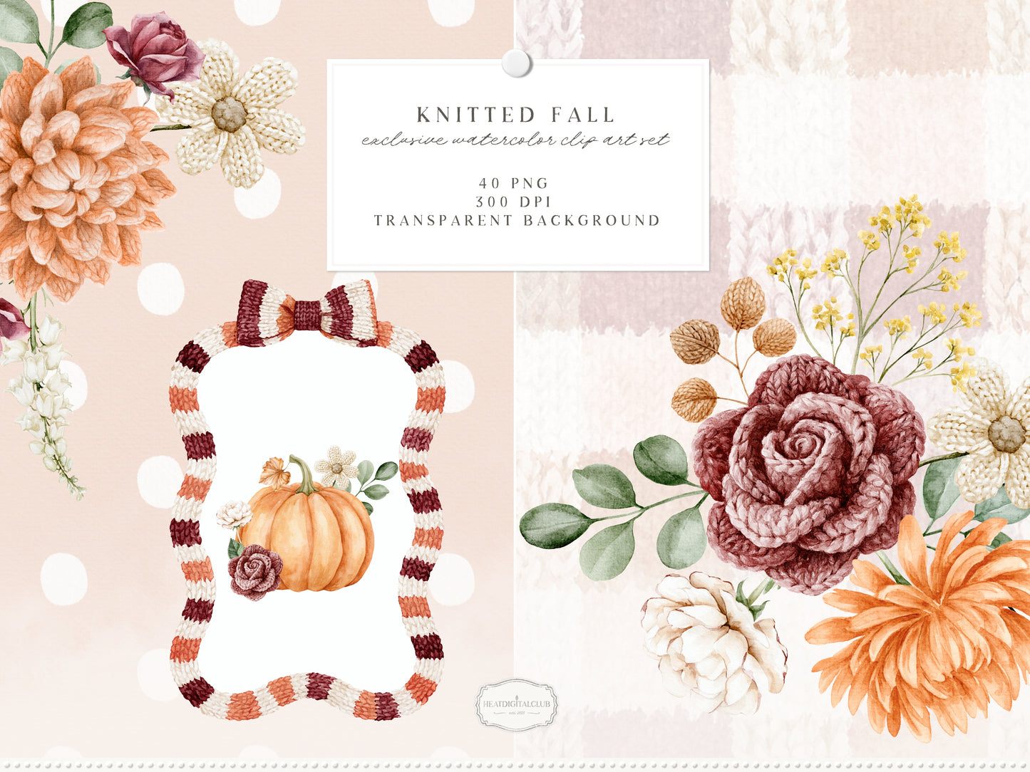 Knitted Fall - Floral Arrangements Clipart, Autumn Flowers, Burgundy Rose, Autumn Botanicals | 40 PNG