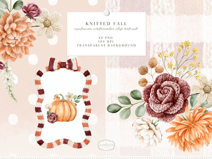 Knitted Fall - Floral Arrangements Clipart, Autumn Flowers, Burgundy Rose, Autumn Botanicals | 40 PNG