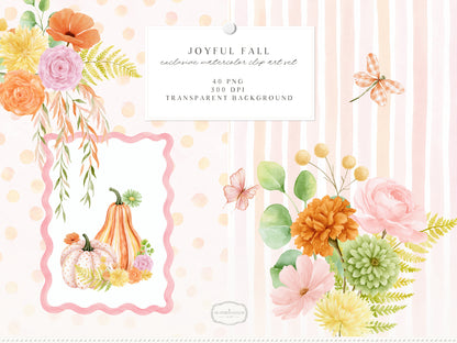 Joyful Fall - Floral Arrangements Clipart, Pink Orange Autumn Flowers, Watercolor Botanical, Fall Bouquets | 40 PNG