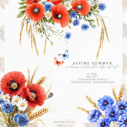 Alpine Summer - Floral Arrangements Clipart, Poppies and Cornflowers | 12 PNG