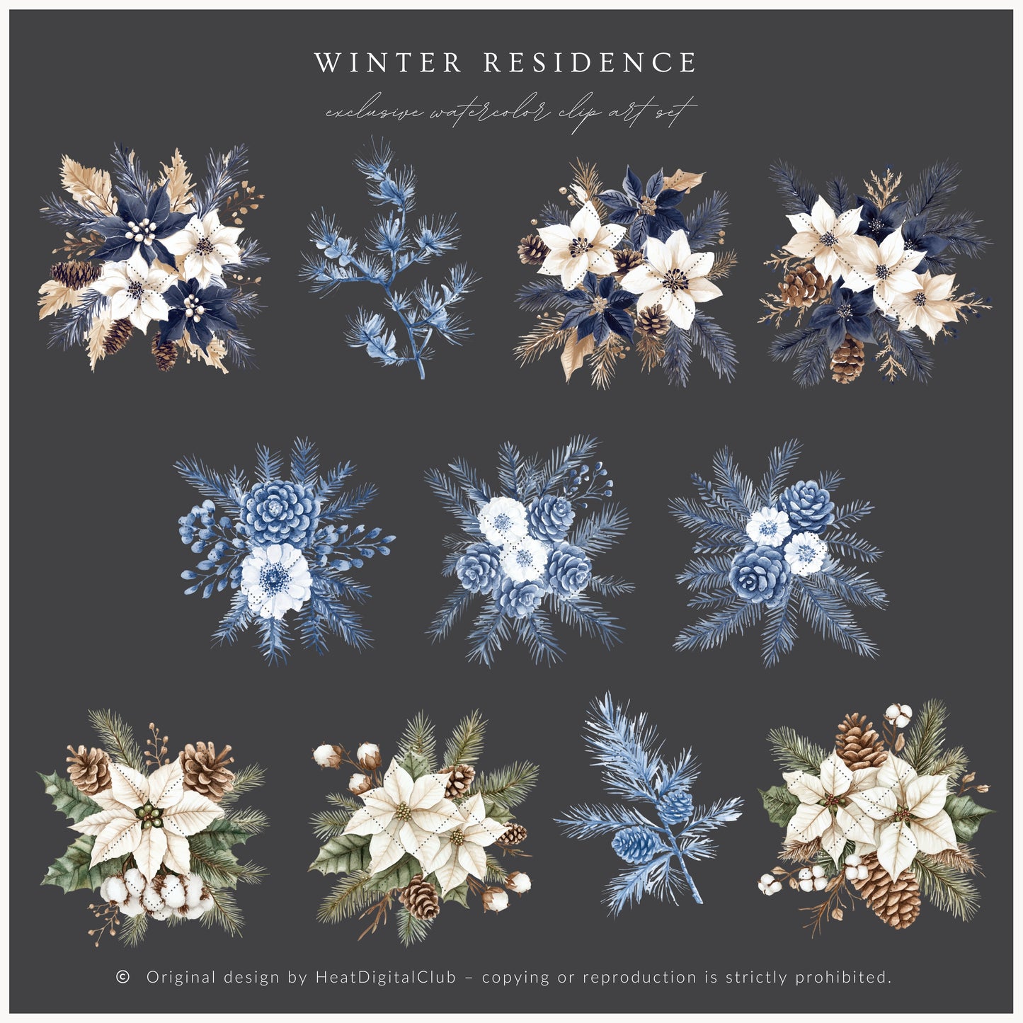 Winter Residence - Watercolor Floral Arrangements, Elegant Christmas Ornaments | 22 PNG