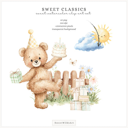 Sweet Classics - Teddy Bear Clipart, Pastel Birthday Bears Toys, Cute Baby Animals, Sweet Nursery | 60 PNG