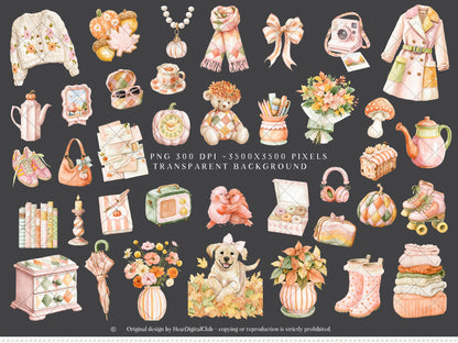 Joyful Fall - Clipart, Bright Autumn, Cozy Autumn Clipart, Colorful Fall | 60 PNG