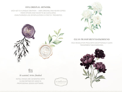 Day & Midnight -Floral Arrangements Clipart, Ivory & Dark Peony Watercolor Flowers, Gothic Romantic | 20 PNG