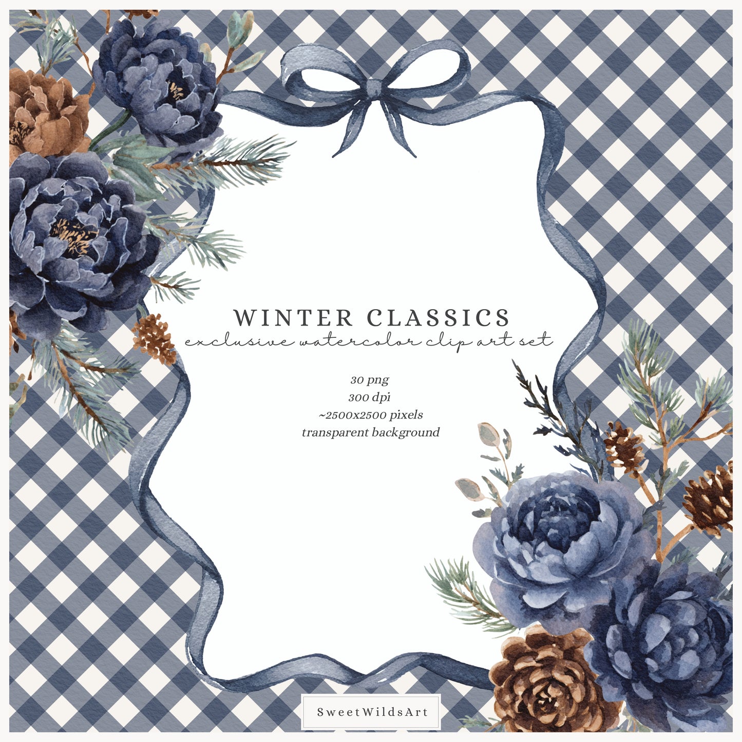 Winter Classics - Floral Arrangements Clipart, Blue Brown Peonies, Snowy Greenery | 30 PNG