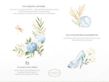 Modern Cinderella -  Floral Arrangements, Blue Hydrangea, White Roses , French Floral, Romantic Flowers | 20 PNG
