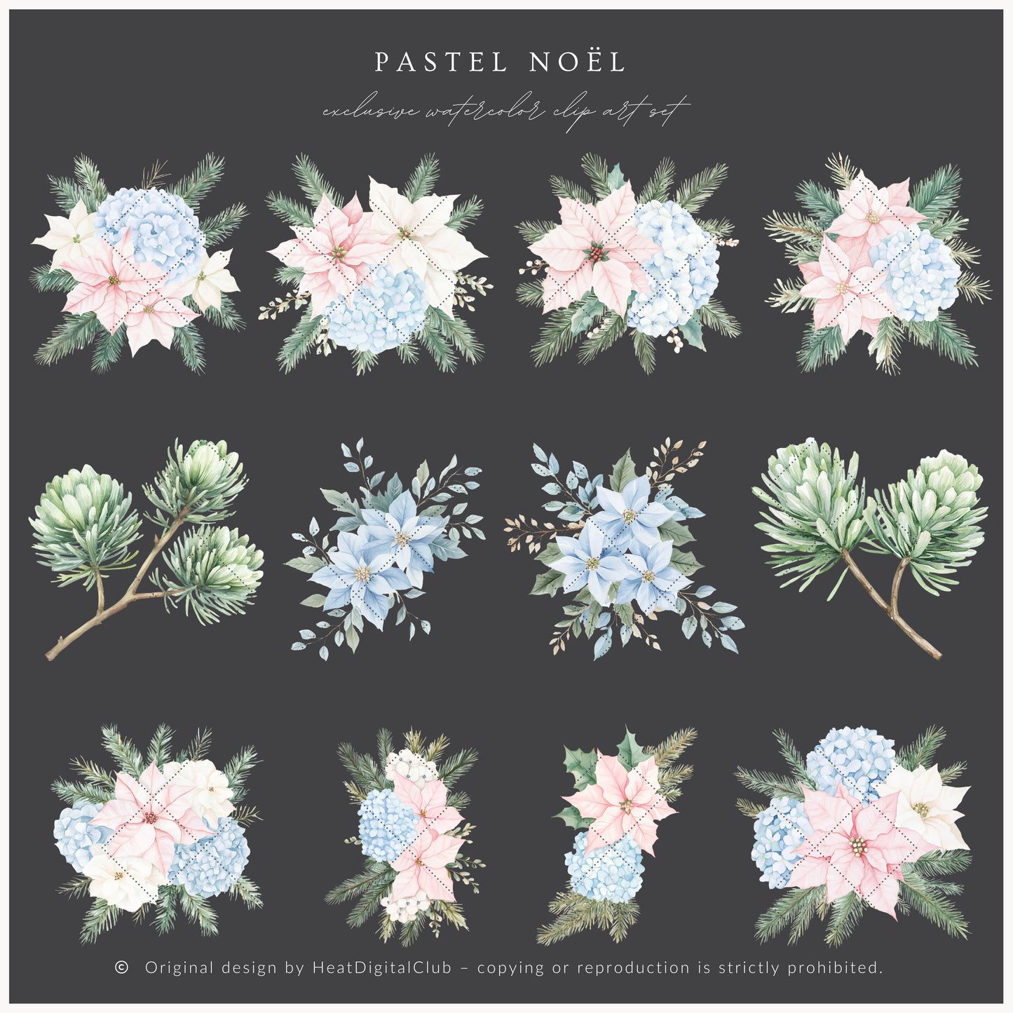 Pastel Noël - Floral Arrangements, Christmas, Soft Holiday Bouquets, Pink & Blue Greenery | 24 PNG