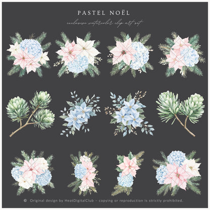 Pastel Noël - Floral Arrangements, Christmas, Soft Holiday Bouquets, Pink & Blue Greenery | 24 PNG