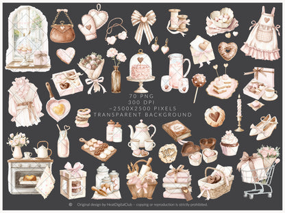 Sweet Romance - Valentine's Day Bakery Clipart, Romantic Baking, Love Aesthetic | 70 PNG