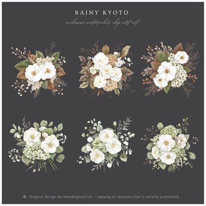 Rainy Kyoto - Floral Arrangements, White Elegant Flowers, Japanese Botanical | 12 PNG