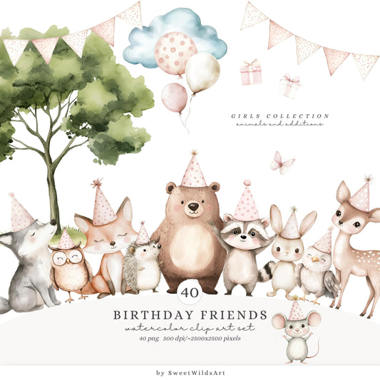 Birthday Friends - Cute Woodland, Baby Animal Clipart, Baby Girl Birthday | 40 PNG