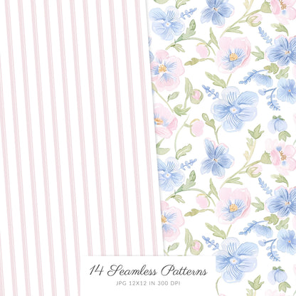 Grandmillennial - Seamless Patterns, Set 2, Pastel Floral, Stripes, Plaid, Glitter | 14 JPEG