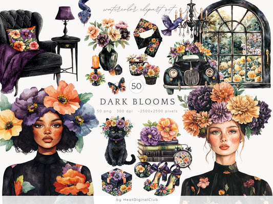 Dark Blooms - Romance Clipart, Floral, Gothic, Cottagecore | 50 PNG