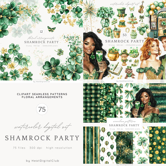 Shamrock Party - Collection Bundle, Irish Clipart, Green St Patricks Day | 75 PNG/JPEG