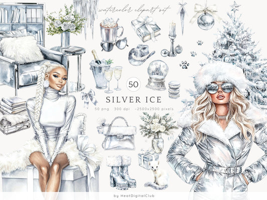 Silver Ice - Cozy Winter Clipart, Modern Holidays, Christmas | 50 PNG