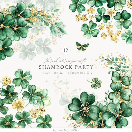 Shamrock Party - Floral Arrangements Clipart, Clover, St Patricks Day | 12 PNG