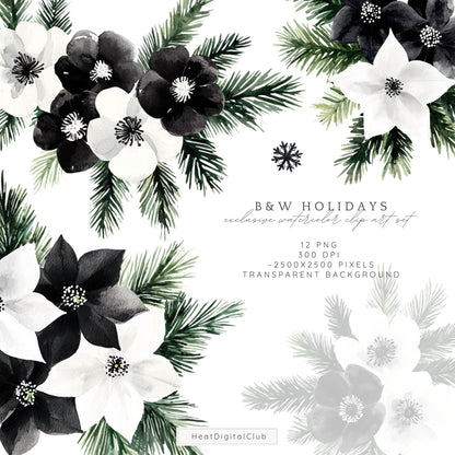 Black and White Holidays - Winter Floral Arrangement Clipart, Cozy Christmas | 12 PNG