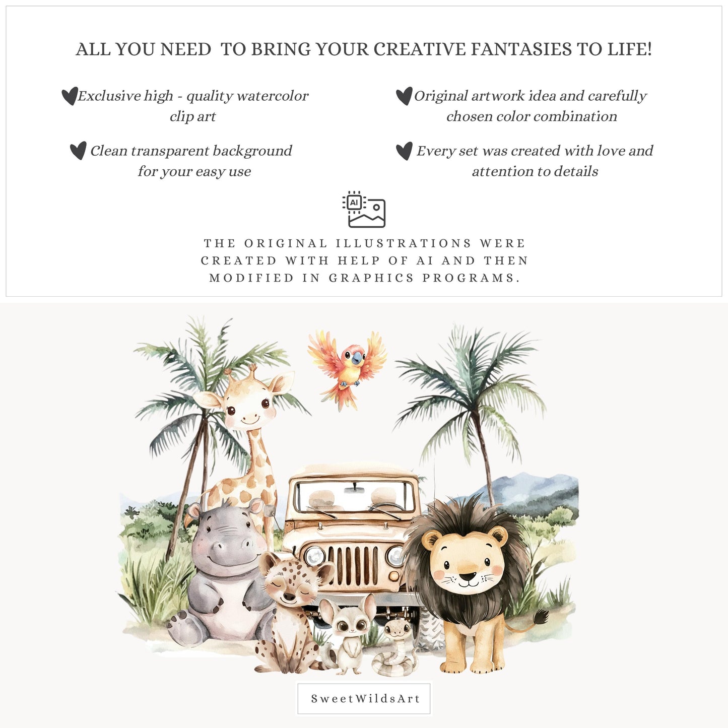 Safari Friends - Cute Animals Clipart, Baby Shower, Nursery, Boho Tropical | 56 PNG