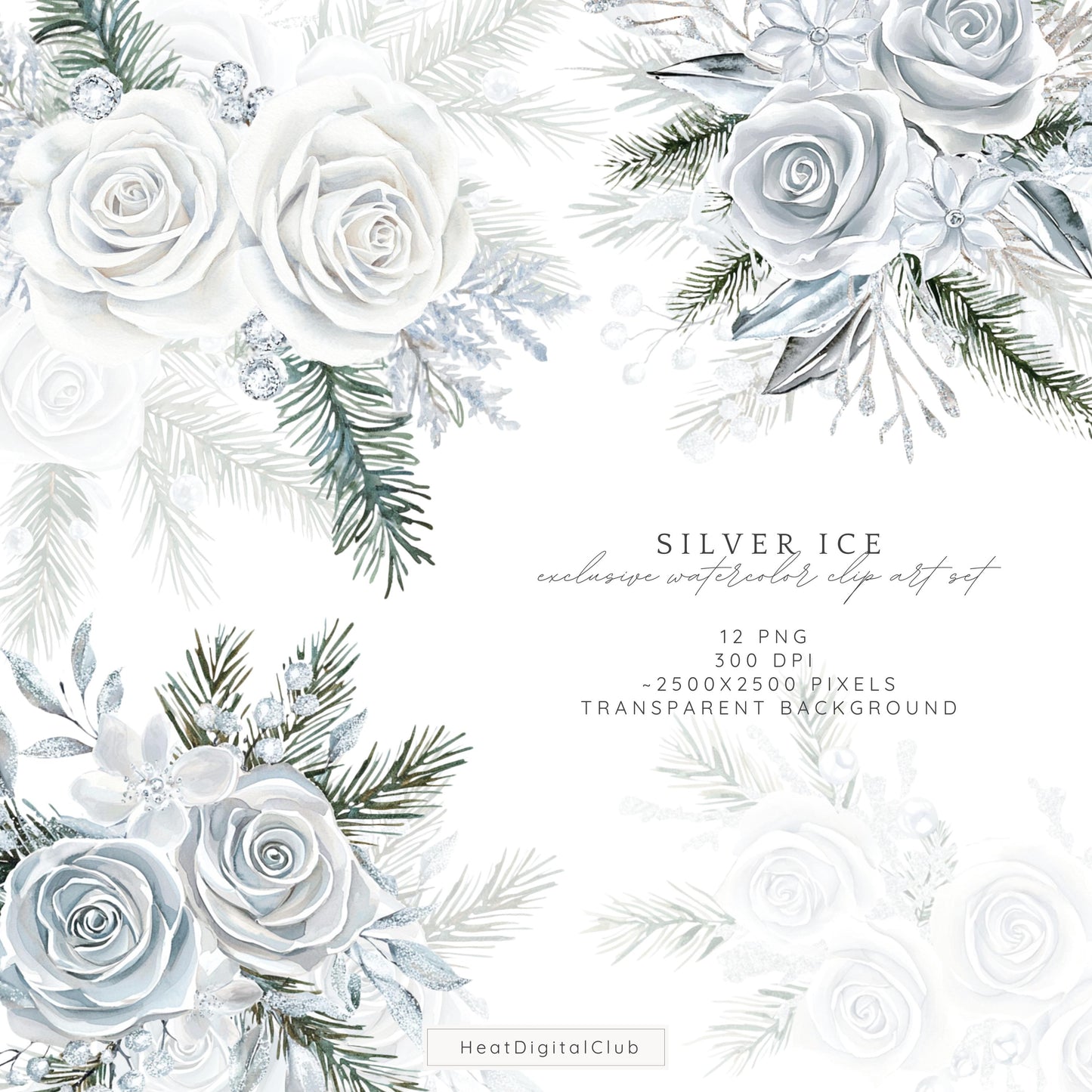 Silver Ice - Floral Arrangement, Cozy Winter Roses Clipart, Christmas | 12 PNG