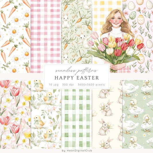 Happy Easter - Seamless Patterns, Gingham Plaid, Flowers, Bunnies | 10 JPEG
