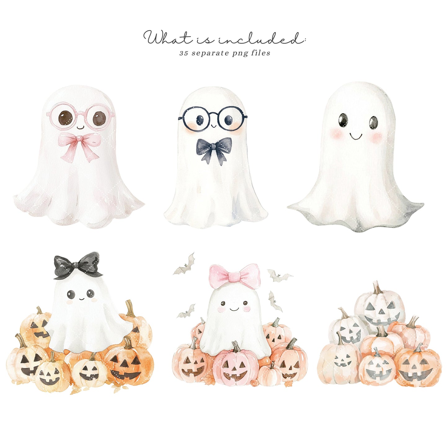Ghostly Cuties - Cute Halloween Clipart, Spooky Ghosts, Pumpkin, Kids | 35 PNG