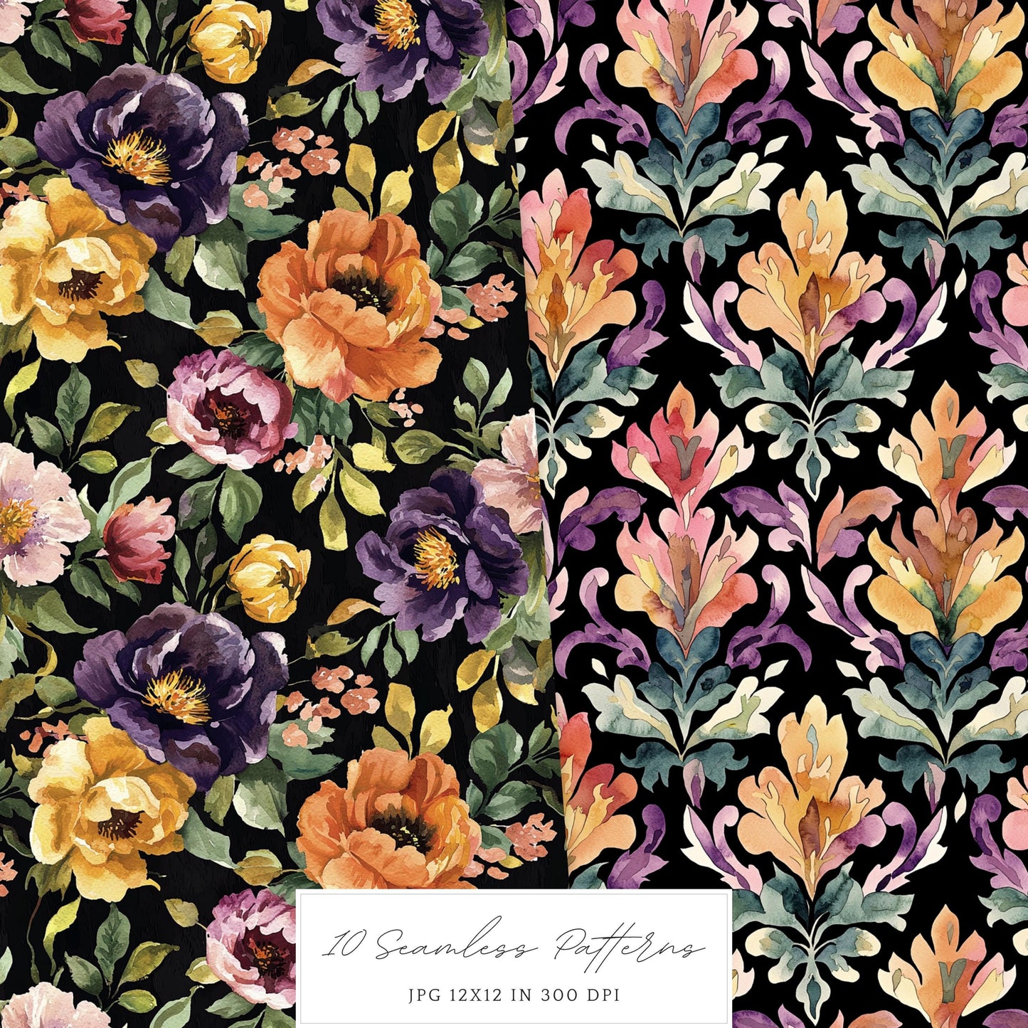 Dark Blooms - Seamless Patterns, Moody Floral, Gothic, Floral | 10 JPEG