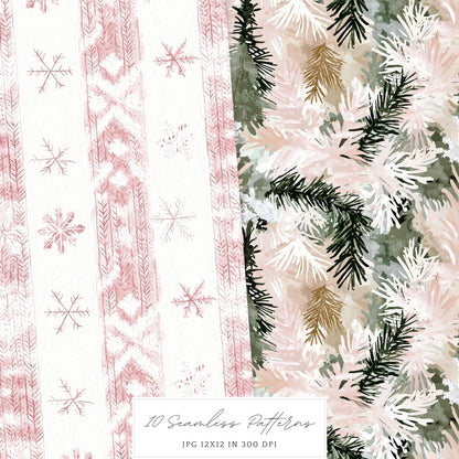Winter Blush - Seamless Patterns, Rustic, Snowflakes | 10 JPEG