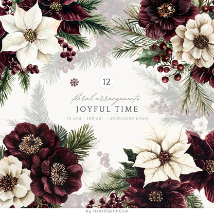 Joyful Time - Winter Floral Arrangement, Cozy Christmas Clipart Bundle | 12 PNG