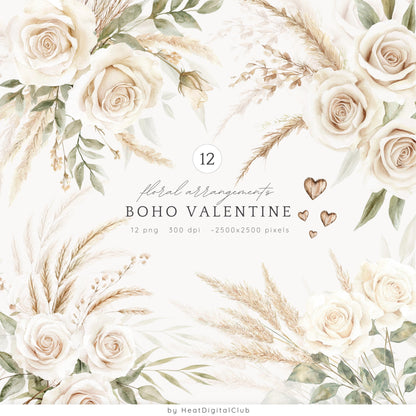 Boho Valentines - Collection Bundle, Romantic Clipart, Rustic Love | 77 PNG/JPEG